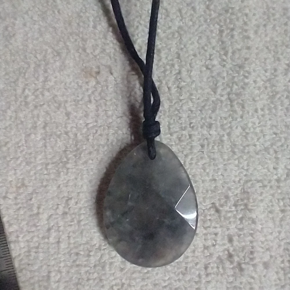Long black cord grey rock 🪨 necklace goldtone accents